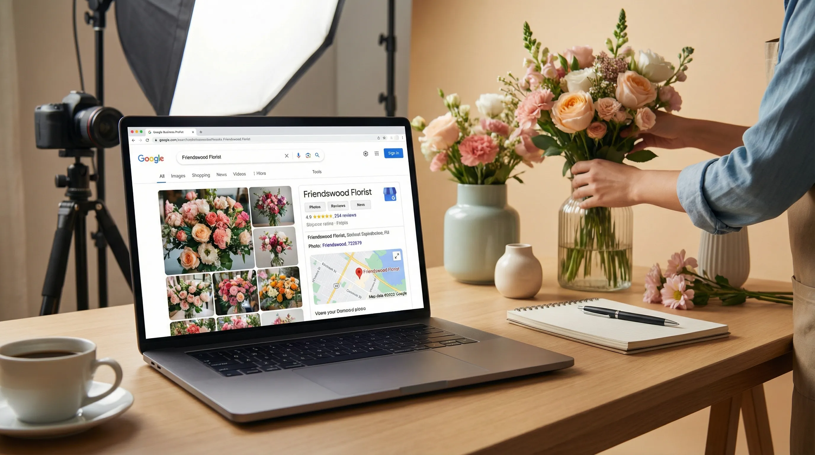 Person preparing product displays near a laptop showing an optimized Google business profile for a Friendswood location.