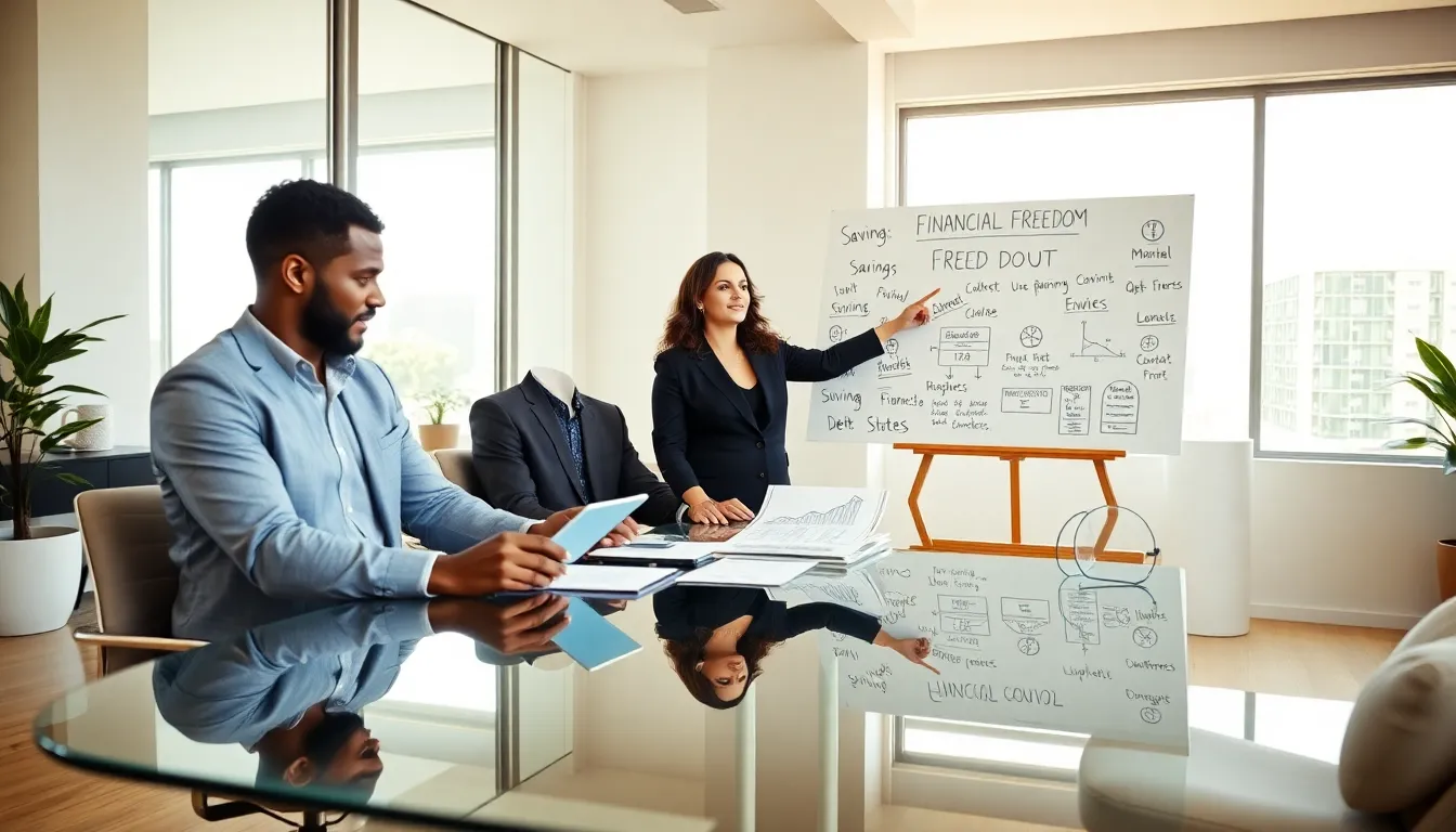 diverse professionals discussing financial freedom in a modern office