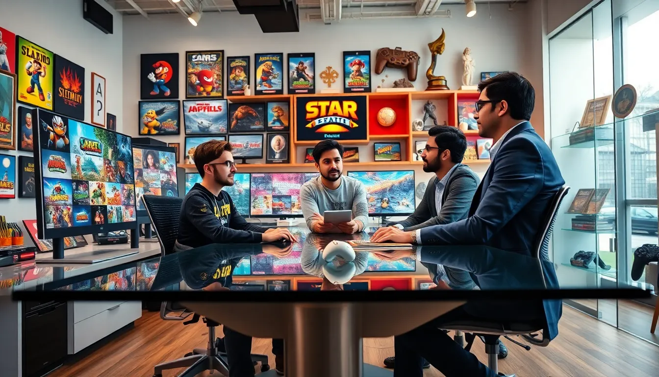 diverse group discussing video games in a modern workspace.