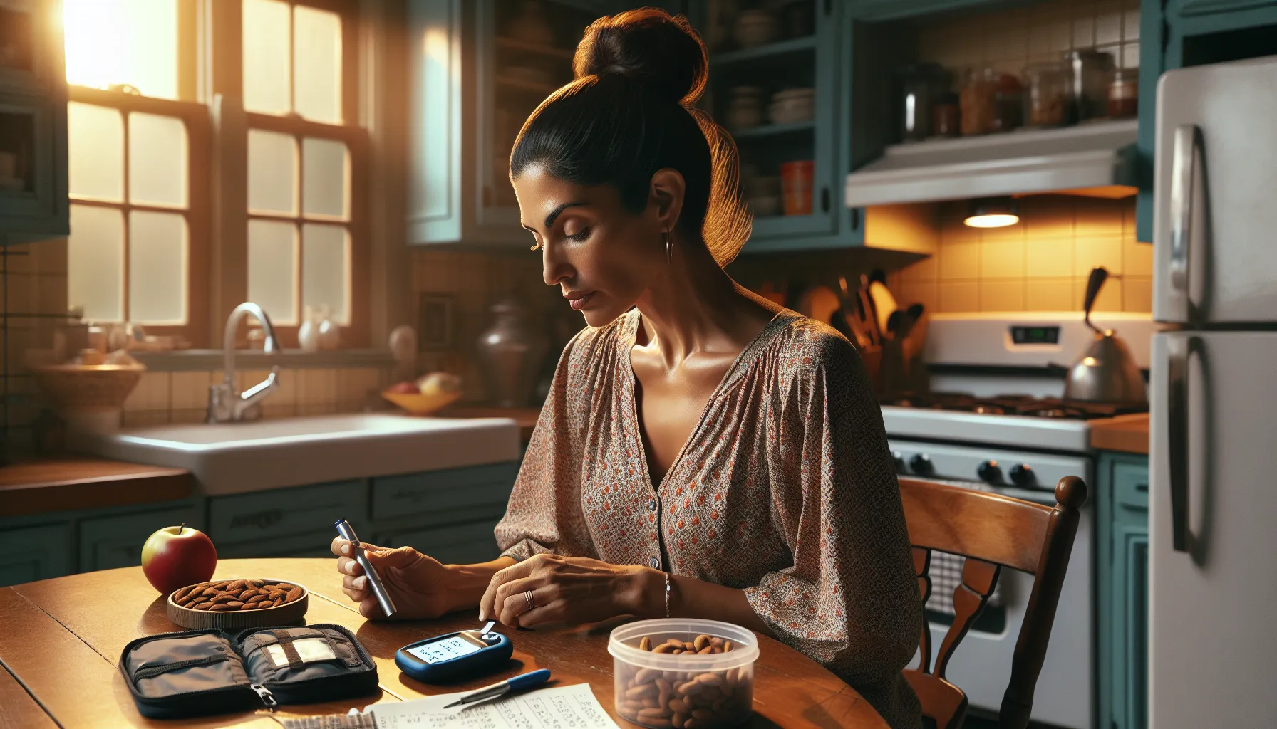 a woman checking her blood glucose levels in a cozy kitchen.