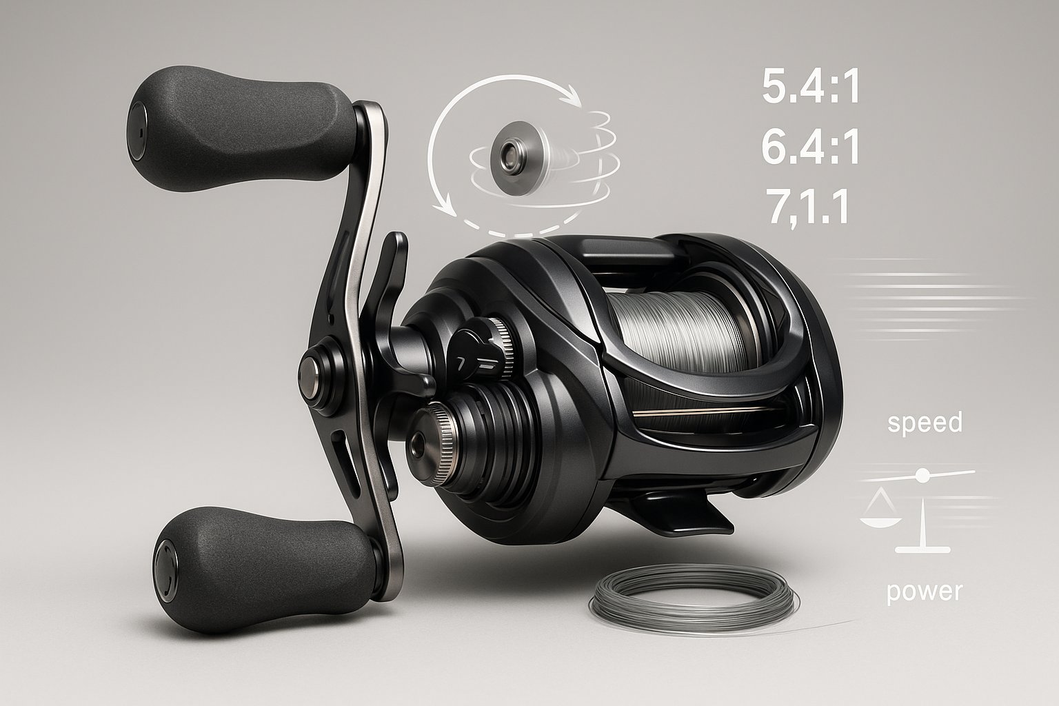 Close-up of a fishing reel showing gear ratio and spool rotation.