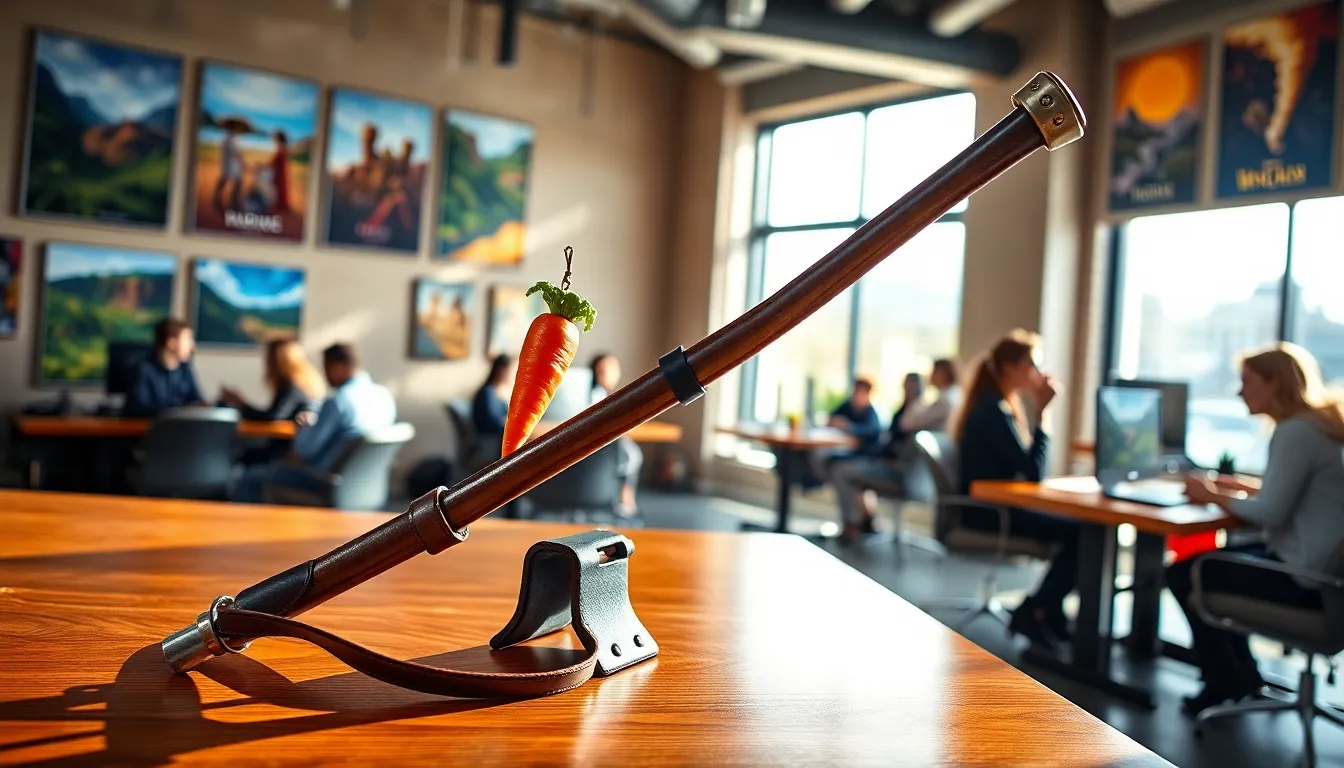 riding crop with a carrot in a modern gaming office.