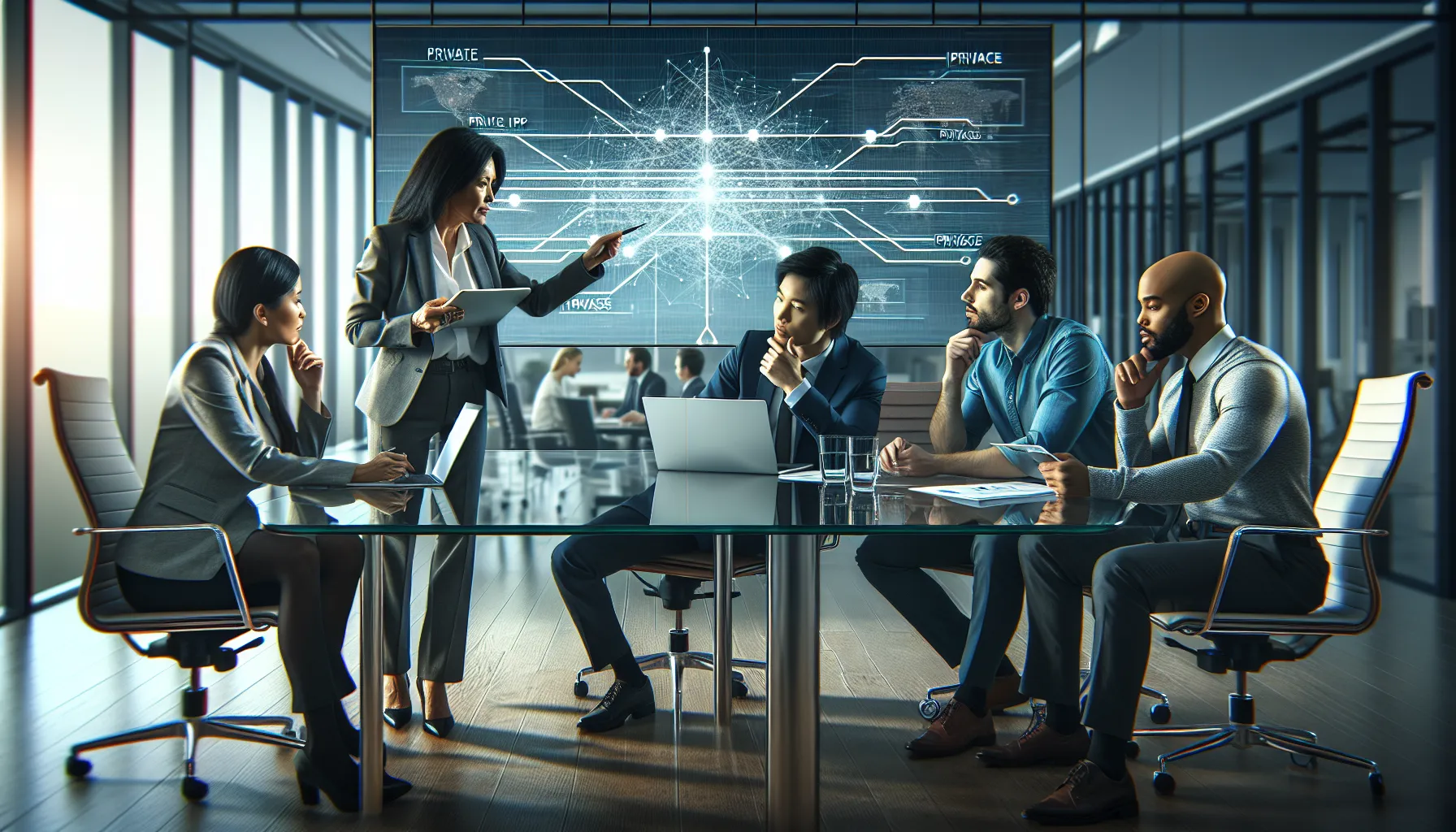 professionals discussing network connectivity in a modern office.