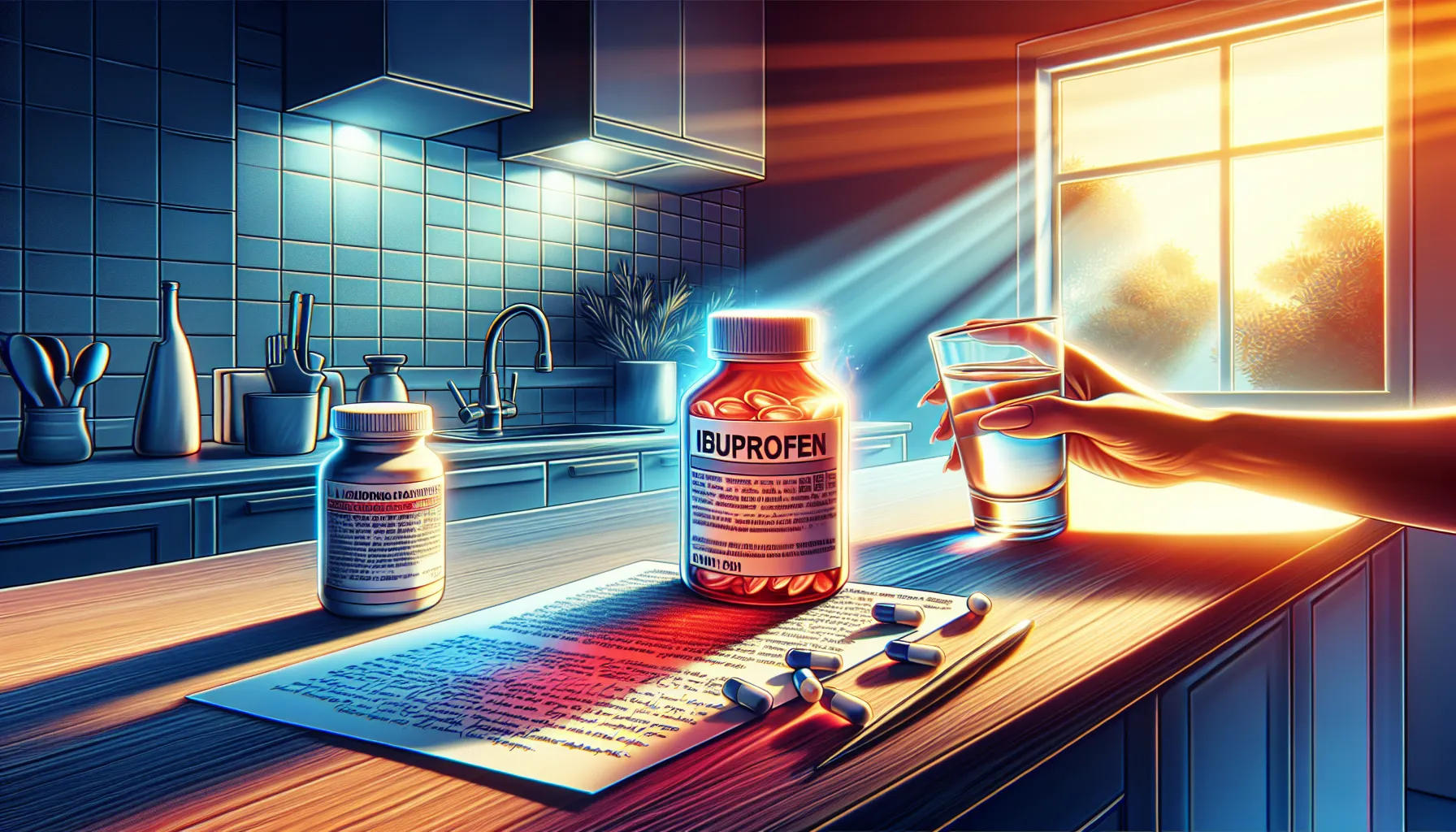 A woman preparing to take ibuprofen and Tylenol in a sunny kitchen.