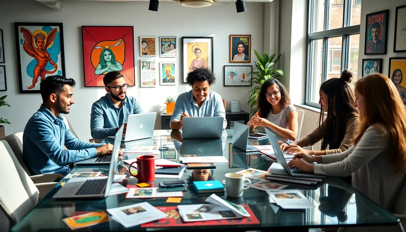 diverse team collaborating on indie publishing in a modern office.