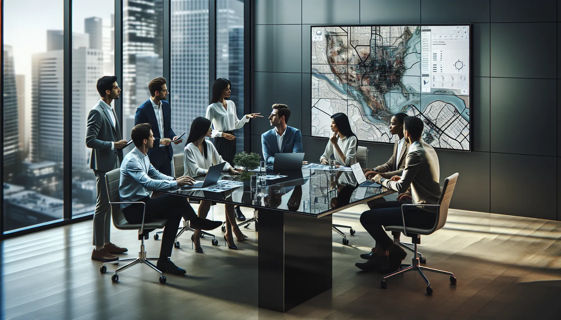 diverse team discussing navigation challenges in a modern office.