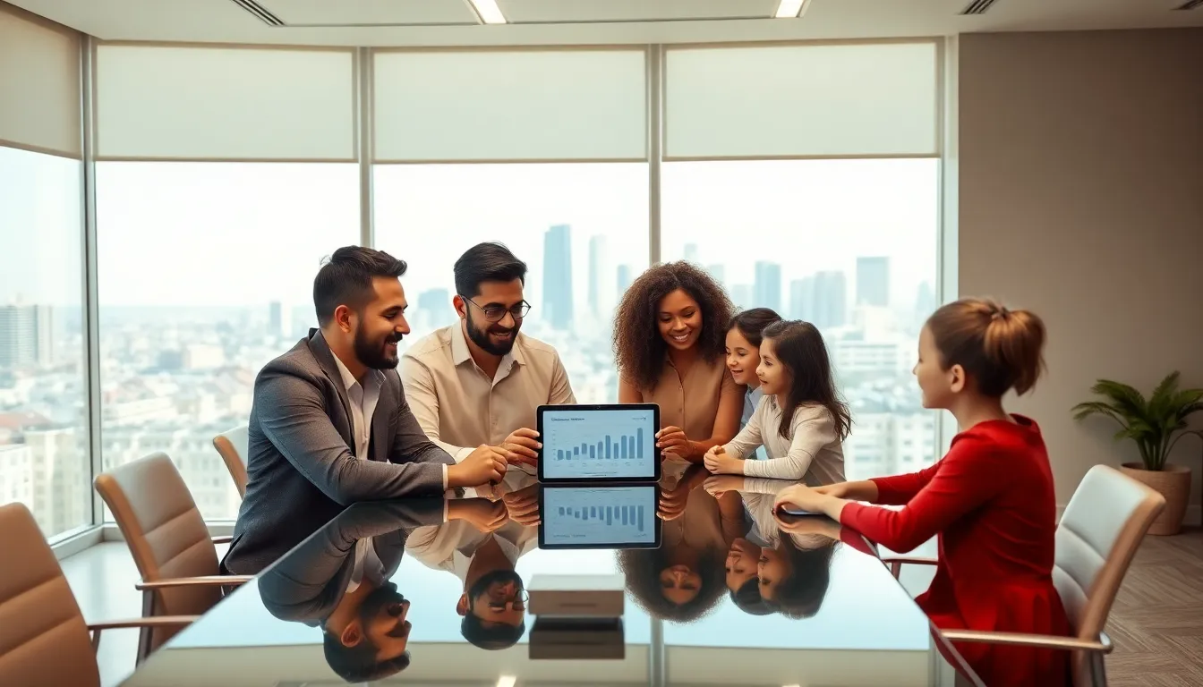 diverse family discussing generational wealth in a modern office.