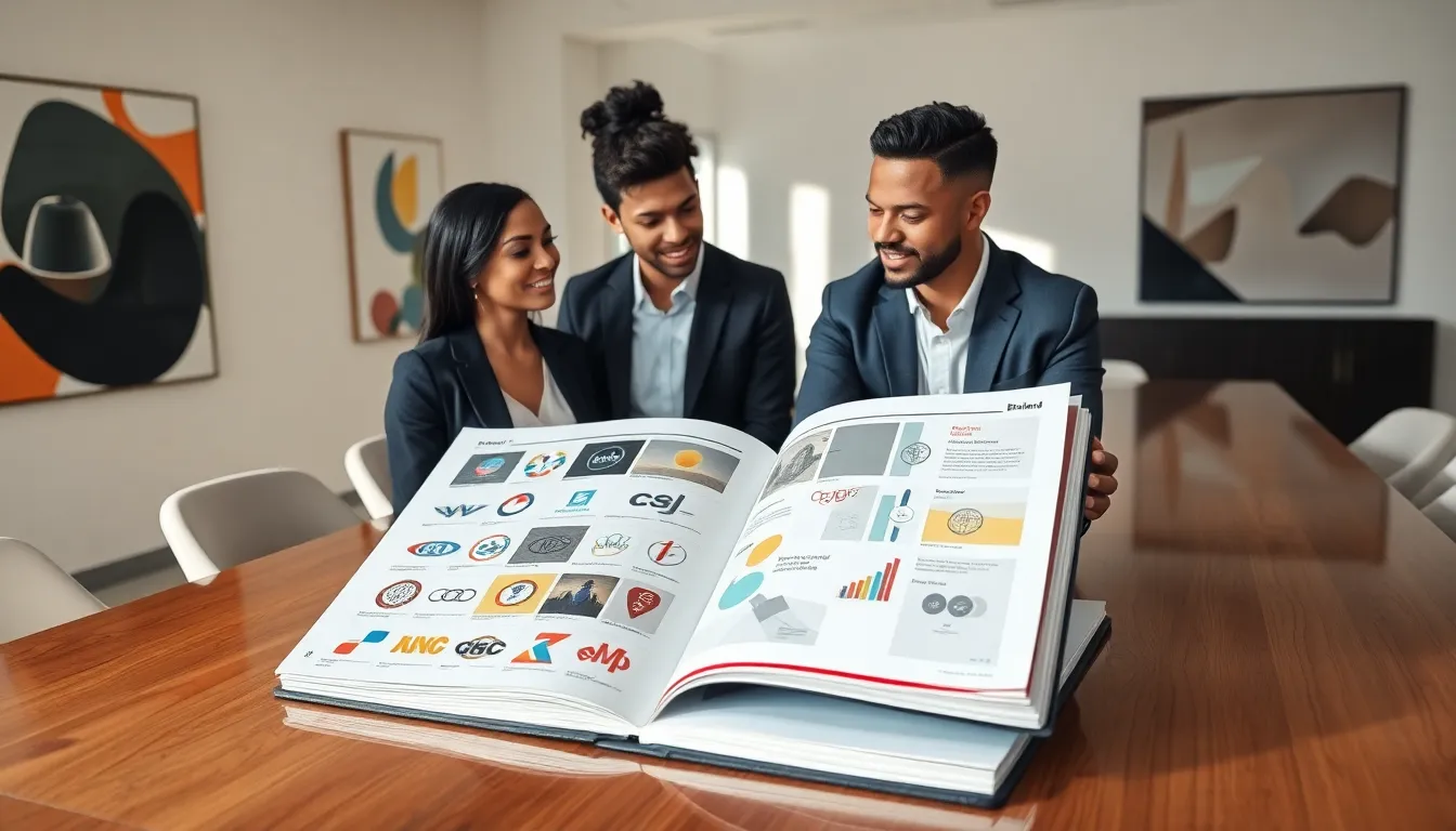 branding book on a desk with professionals discussing its contents.