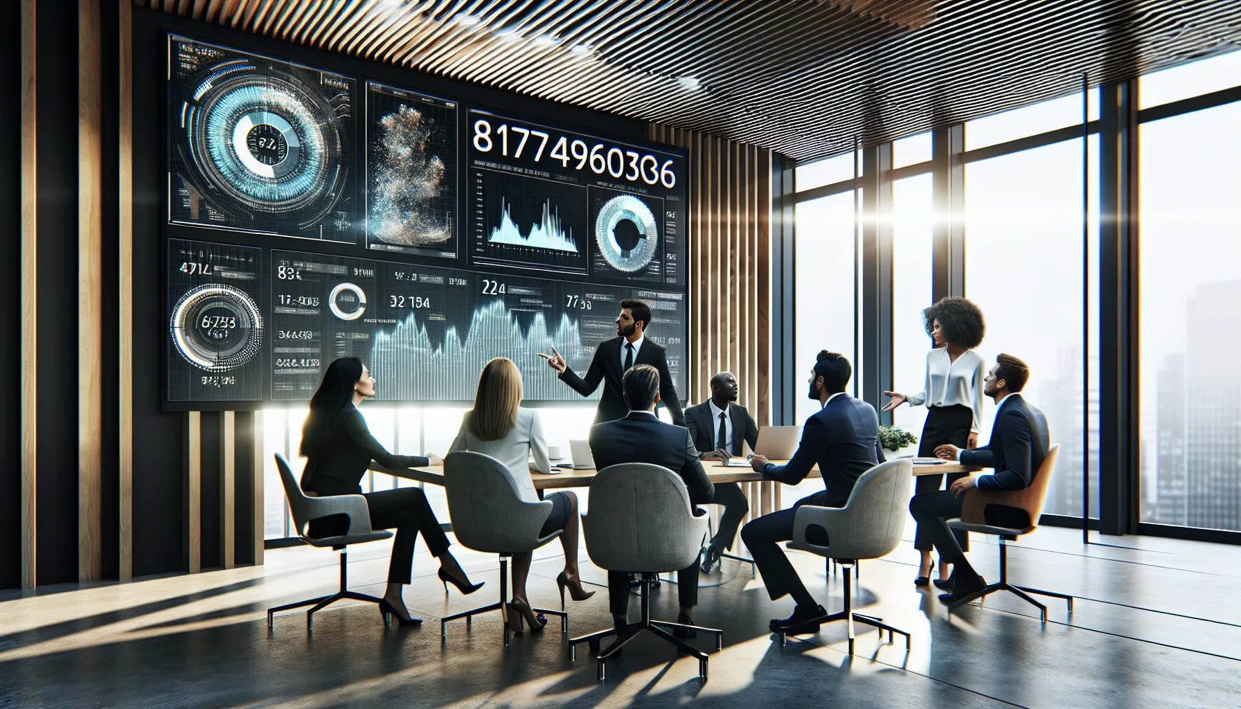 diverse team analyzing data related to 8174963036 in a modern office.