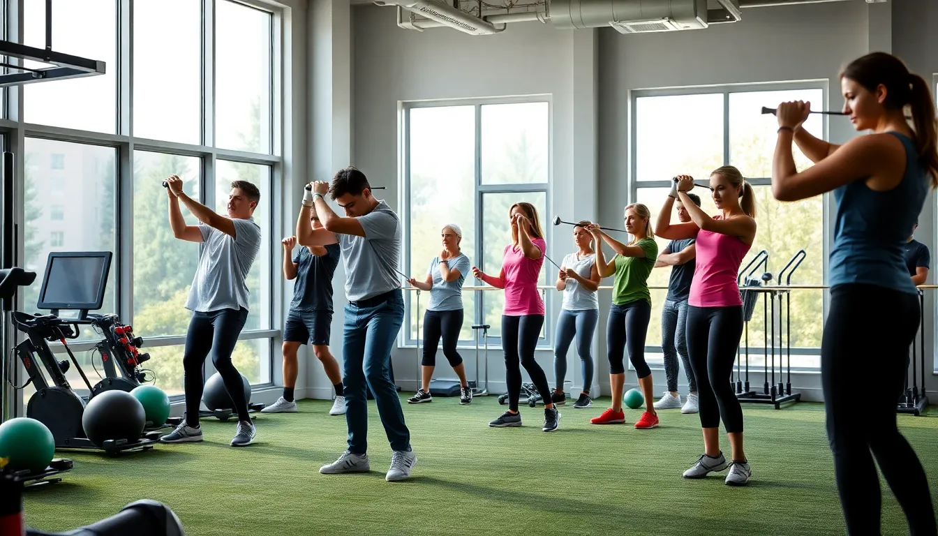 diverse group training for golf fitness in a modern gym.