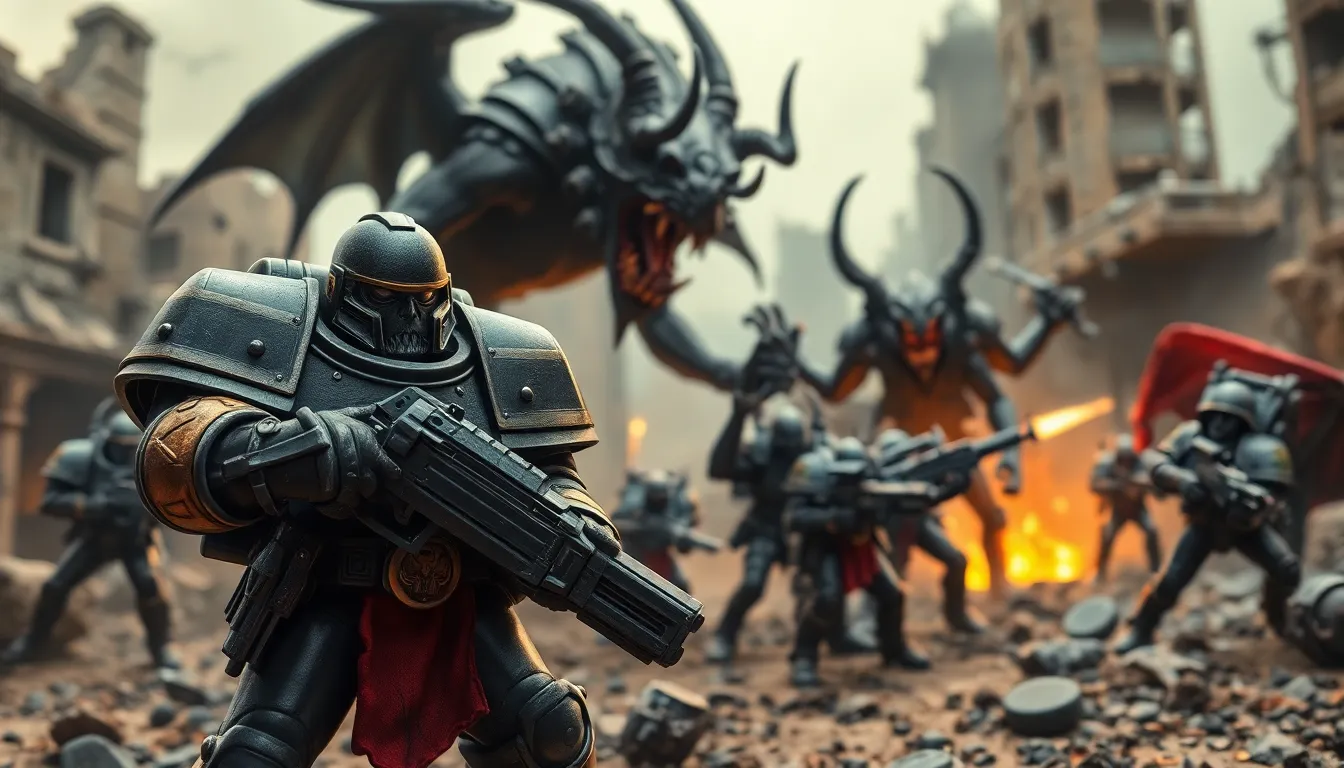 Epic Warhammer 40,000 battle scene with Space Marines and Chaos Daemon.