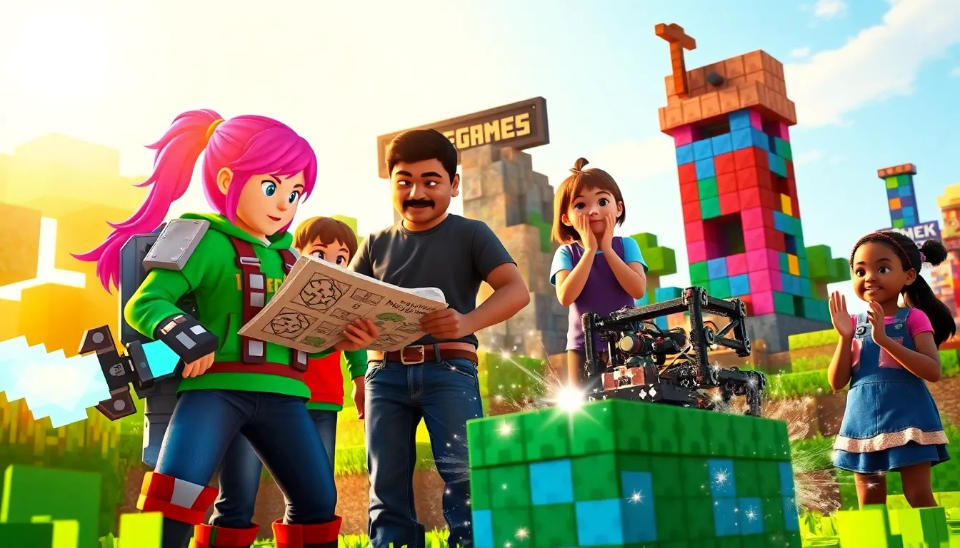 players engaging in ImagineerGames in a colorful Minecraft landscape.