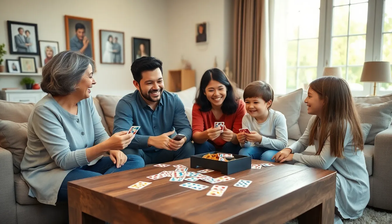 family enjoying a fun card game in a cozy living room.
