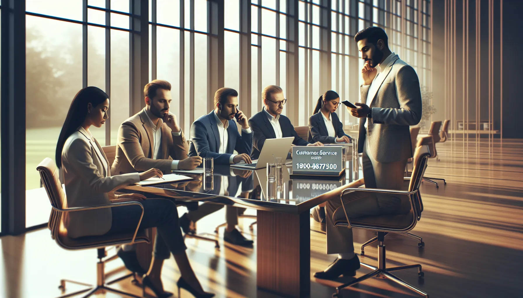 diverse professionals discussing how to access customer service by phone.