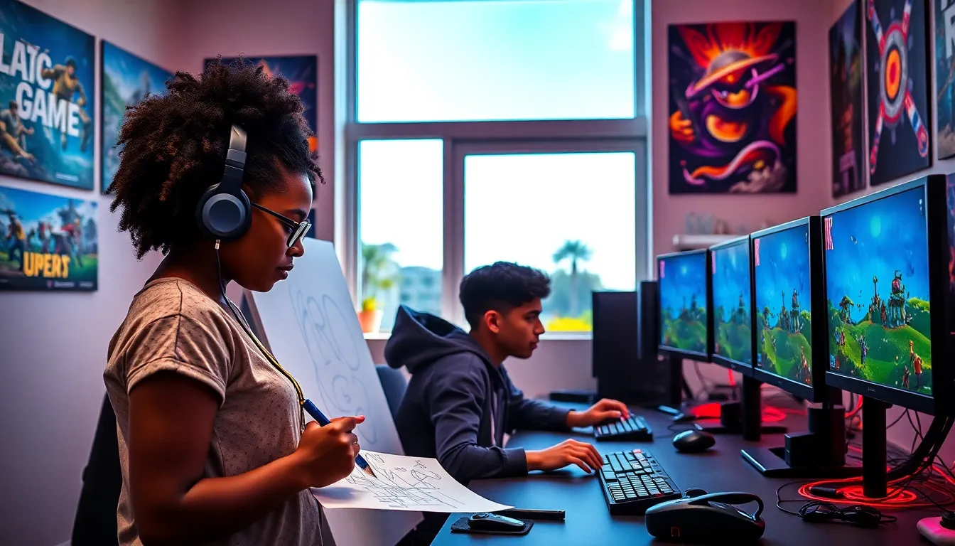 a diverse team collaborating in a lively gaming studio.