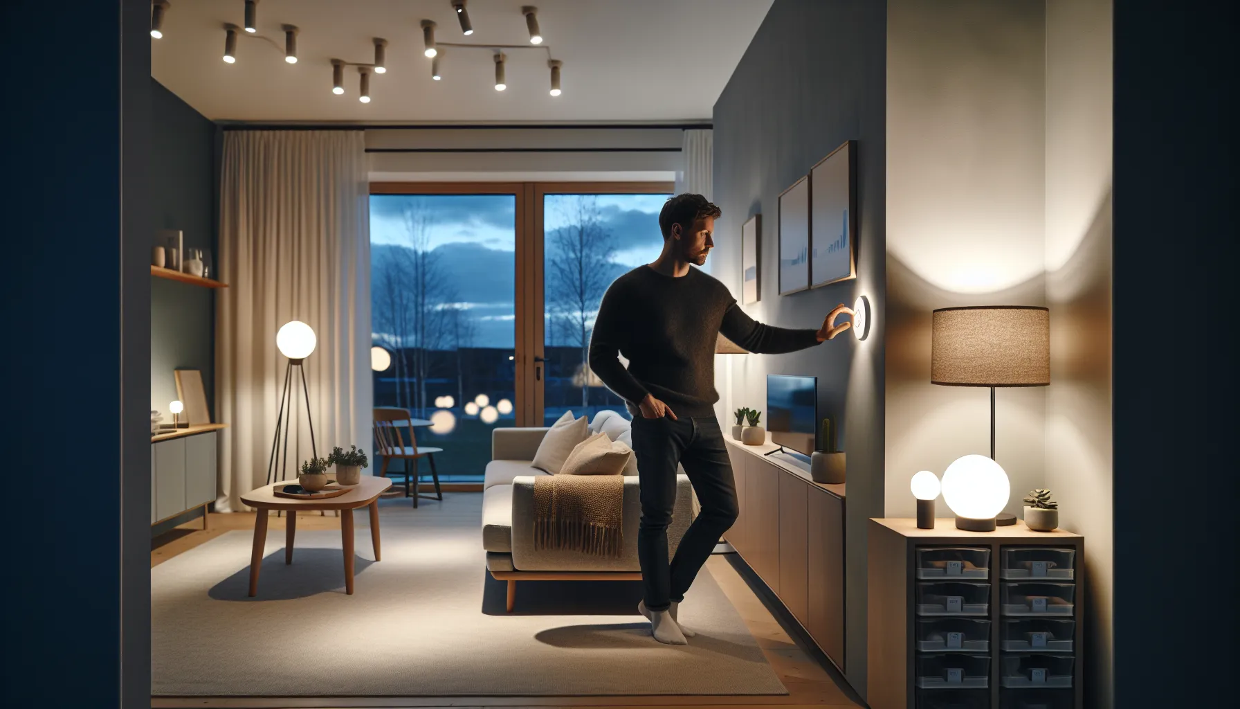 Norwegian man adjusting a wall dimmer switch in a cozy, softly lit living room.