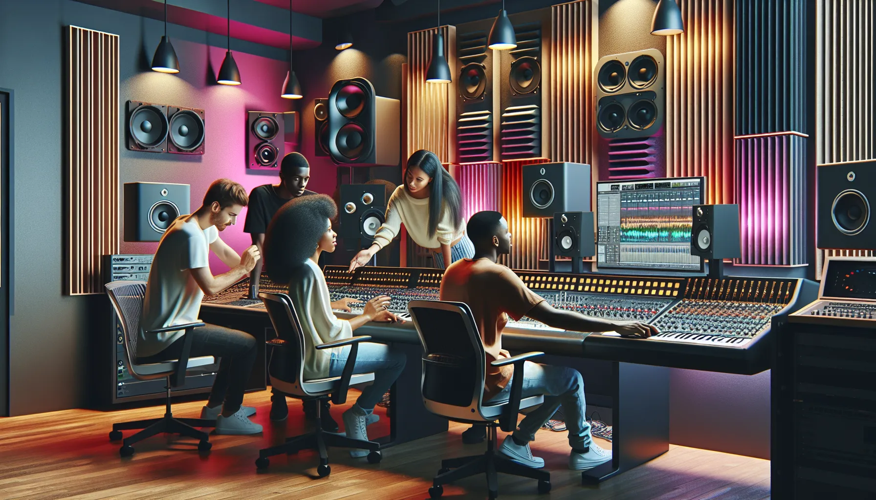 diverse musicians collaborating in a modern music studio.
