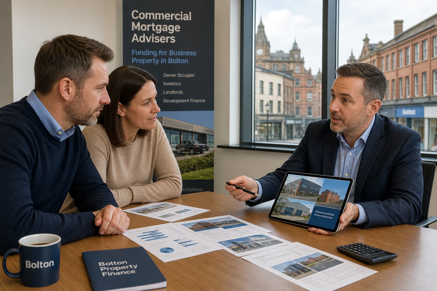 Professional commercial mortgage adviser meeting local business clients in a modern office, reviewing commercial property finance documents with a Bolton-style urban backdrop.