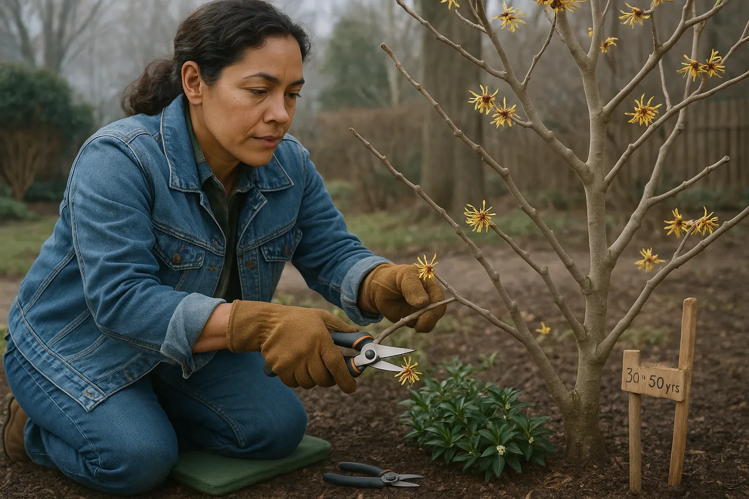 Gardener pruning a yellow-flowering witch hazel beside low Sarcococca groundcover.