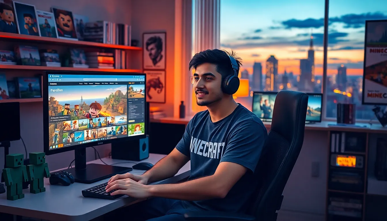 a young man gaming in a cozy room with Minecraft visuals.