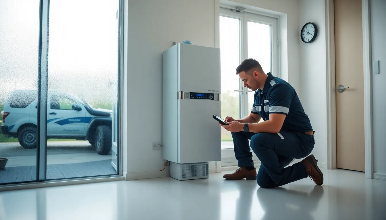 Technician inspecting hot water unit in a modern Australian home.