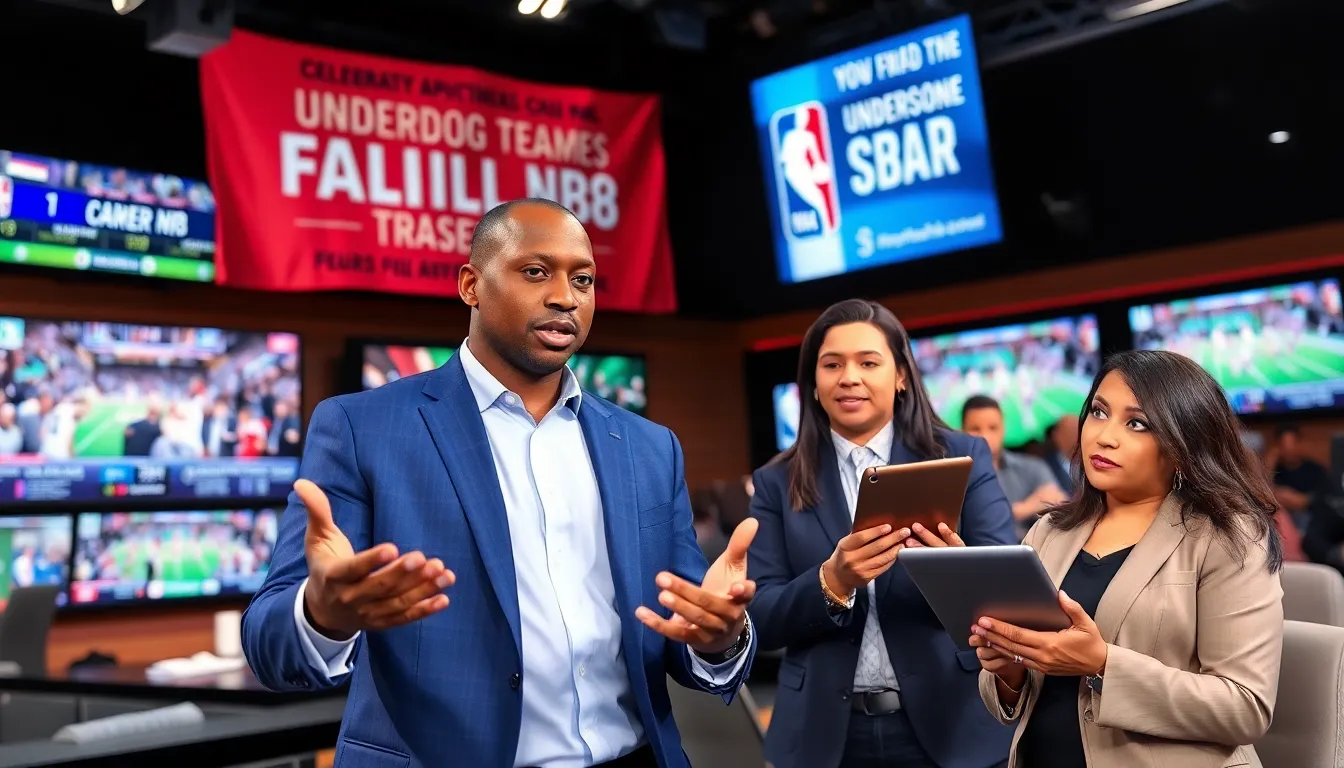 sports analysts discussing top stories in a bustling newsroom.