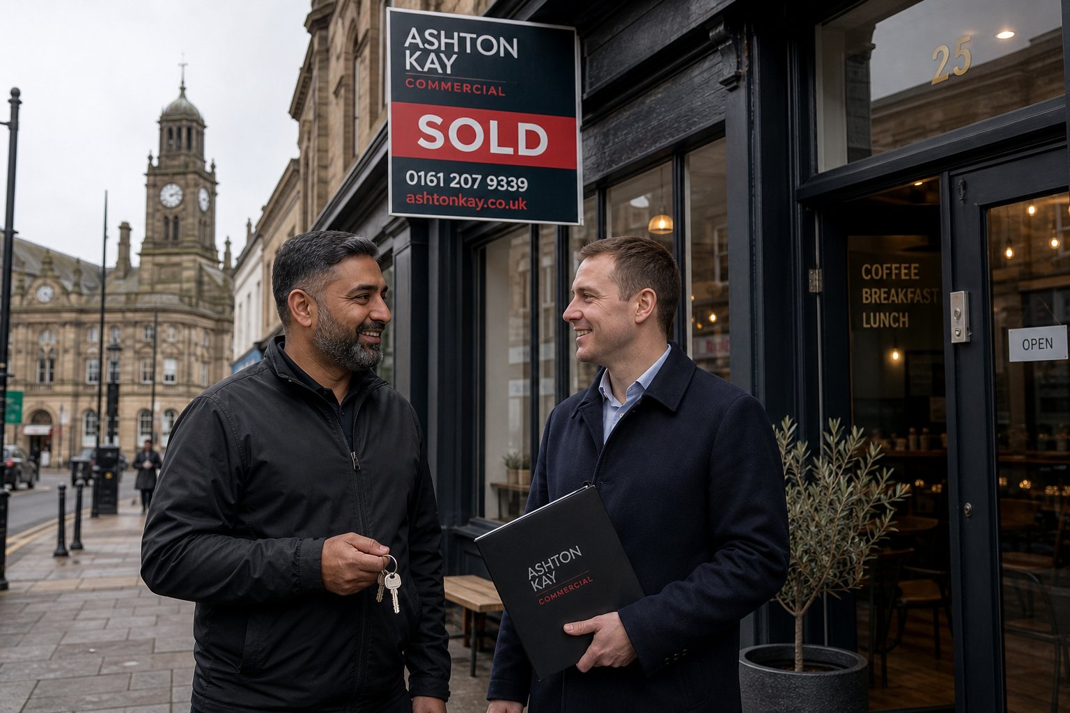 Business owner and property agent outside a commercial building in Rochdale during a property purchase.