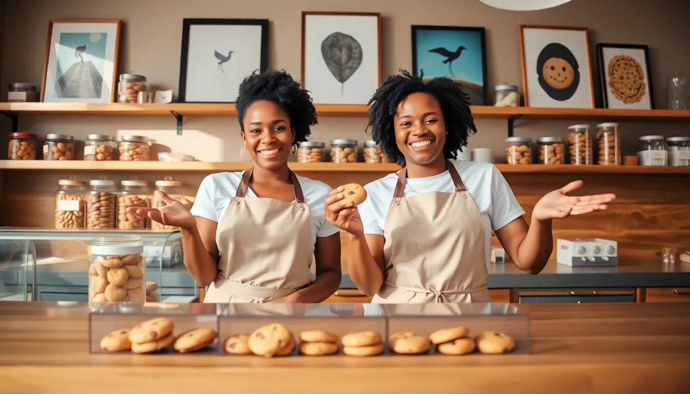 bakery owners presenting cookies in a cozy shop setting.
