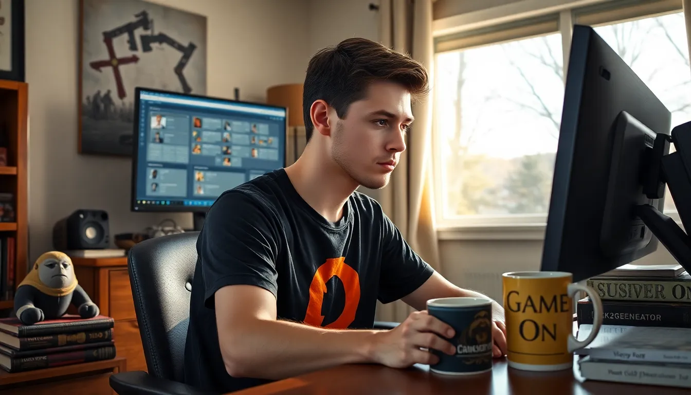 a young man using CK2Generator on his computer in a cozy home office.