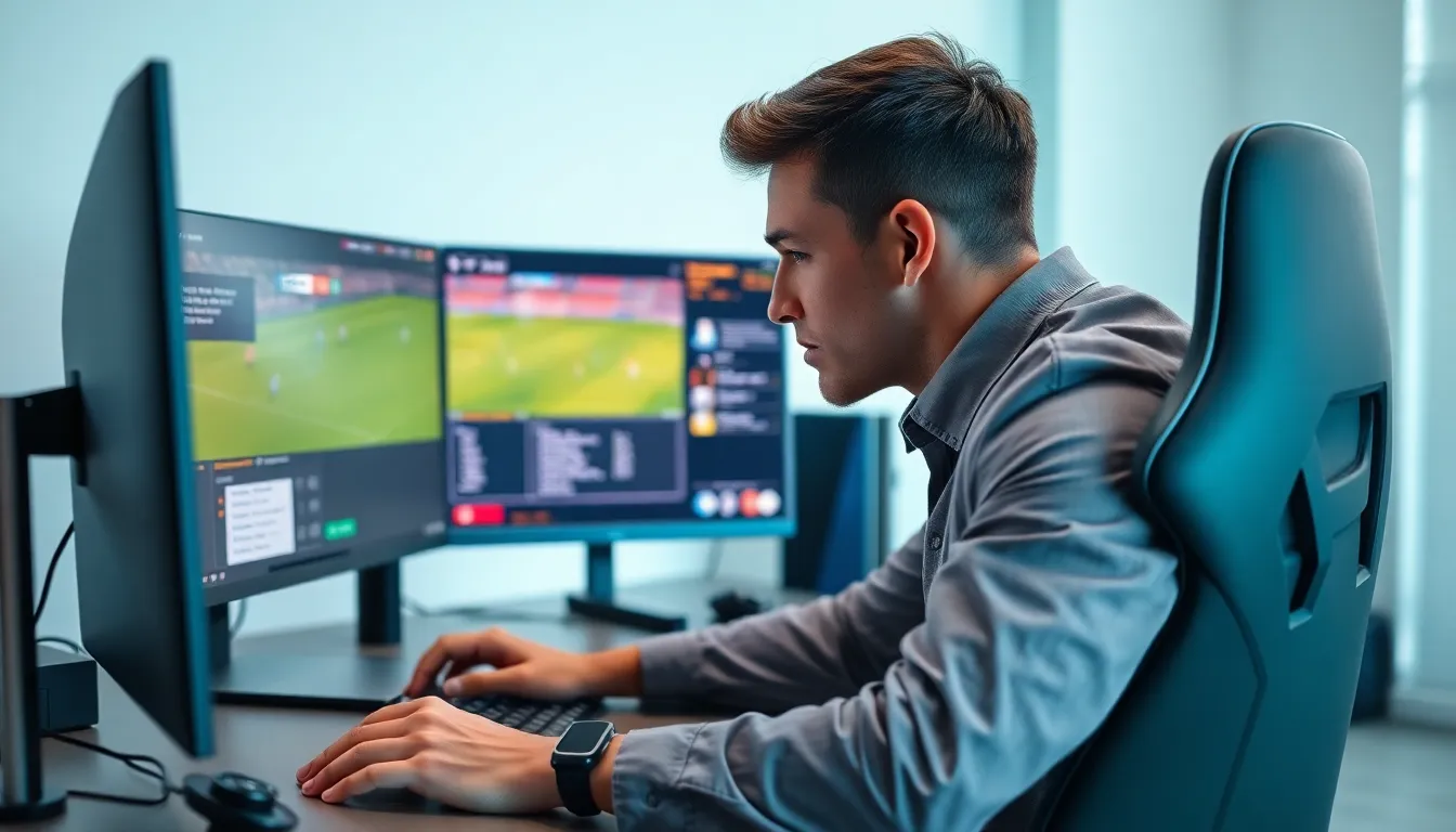 gamer focused on Football Manager 2023 in a modern workspace.