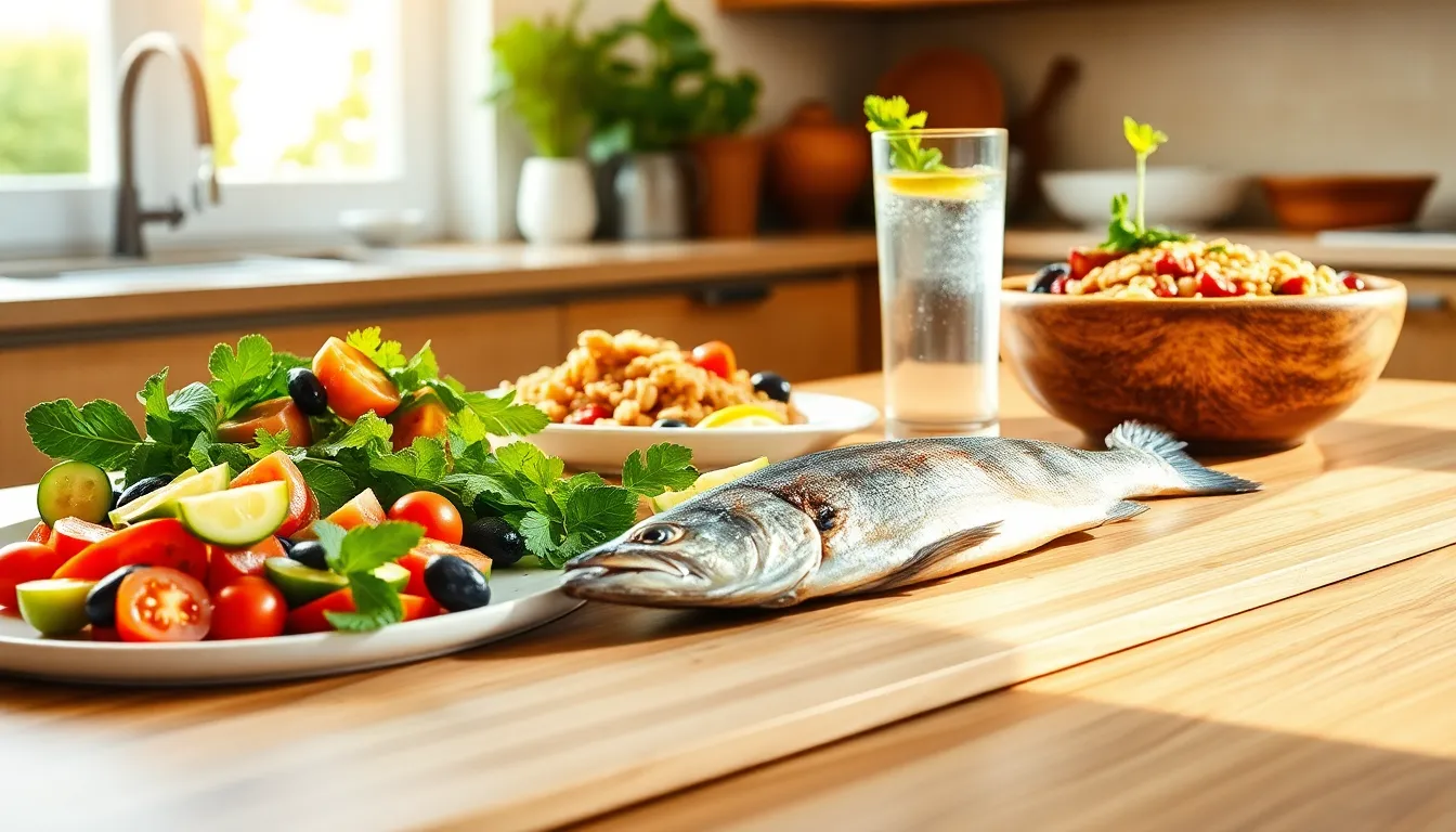 an assortment of healthy Greek dishes on a modern kitchen table.