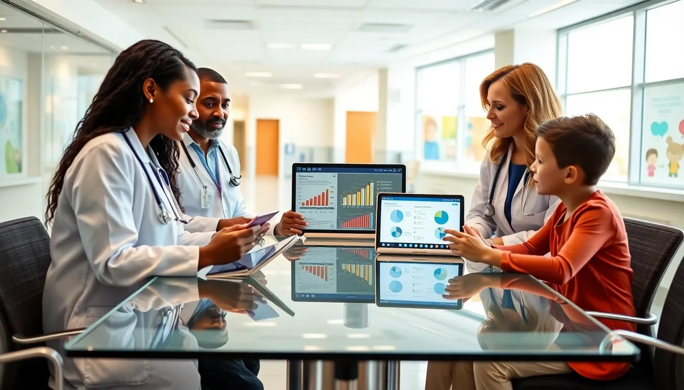 healthcare team discussing pediatric care metrics in a modern hospital.