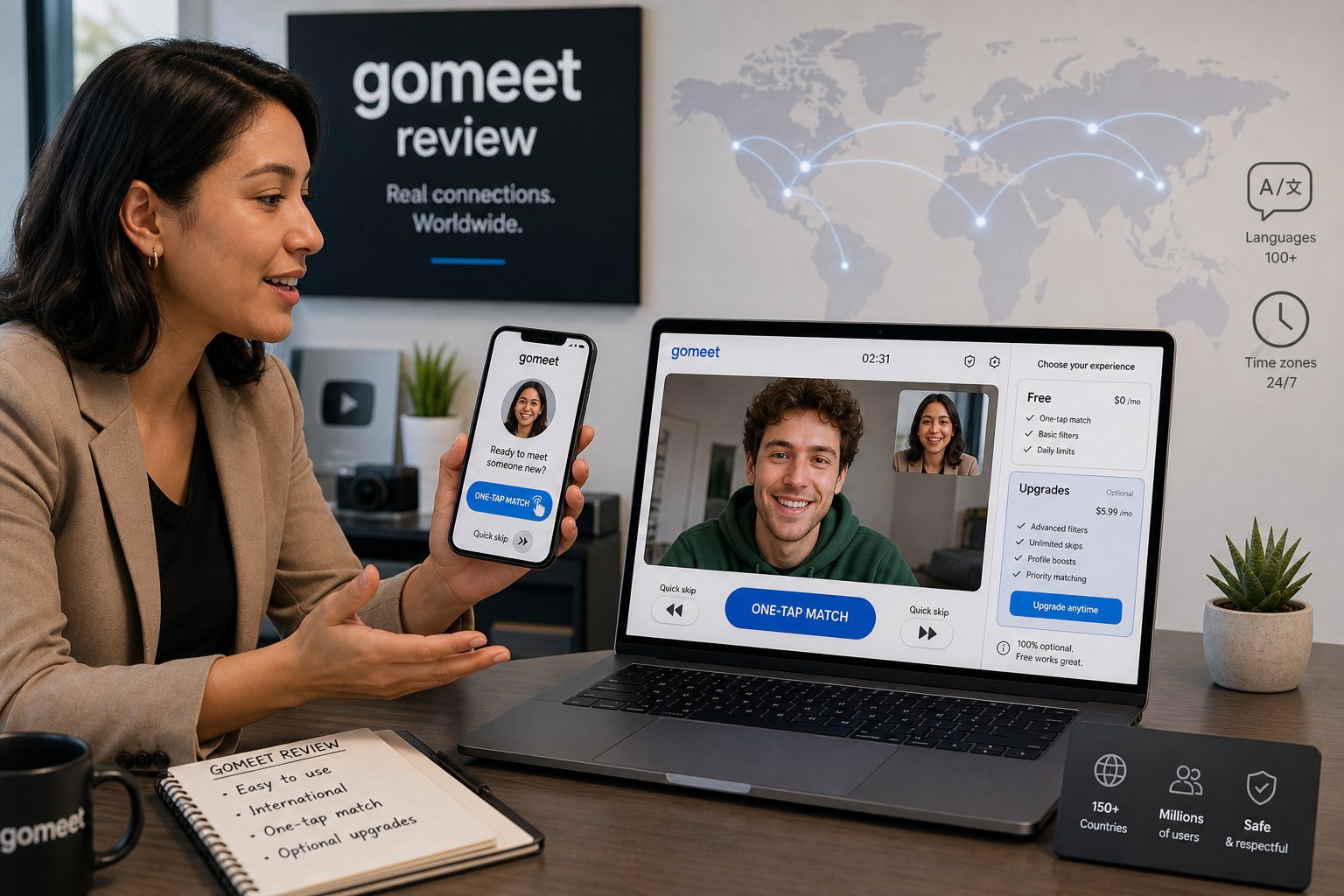 Reviewer comparing Gomeet on phone and laptop with matching and pricing highlights.