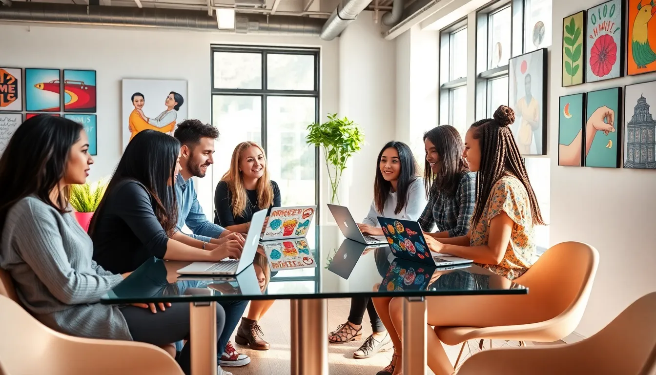 diverse professionals collaborating in a colorful, modern workspace.