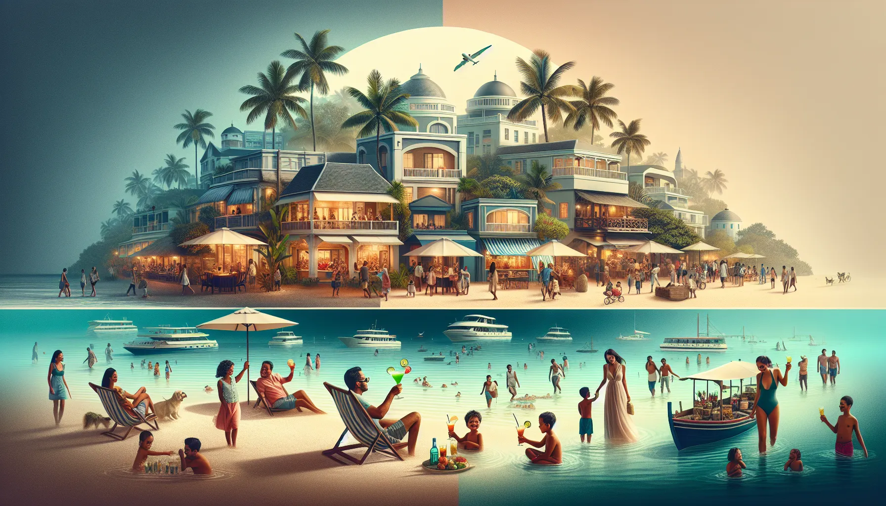 various popular areas to stay in Mauritius, showcasing vibrant beach life and cultural experiences.