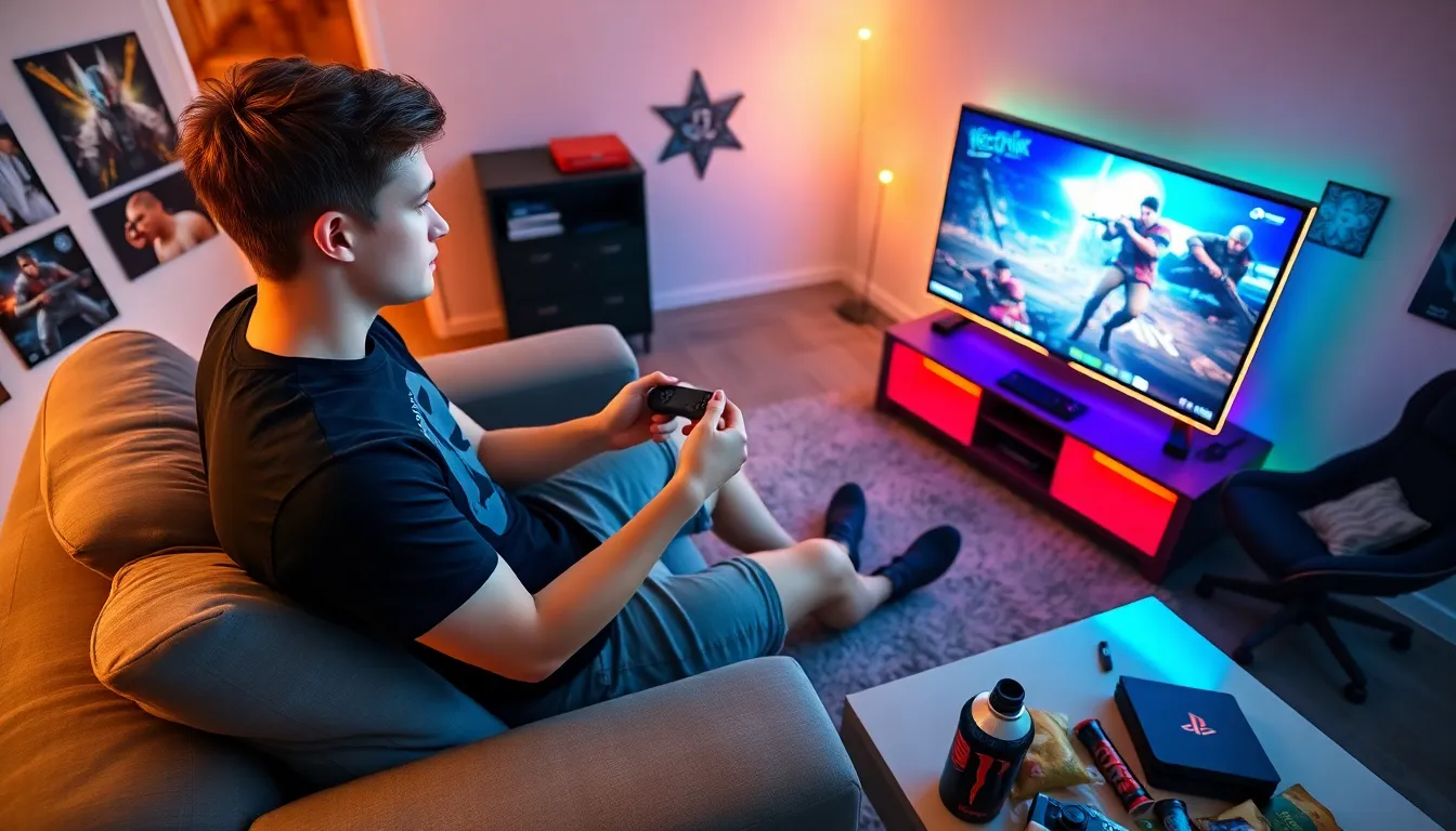A gamer using a USB drive to update a PS4 in a cozy living room.