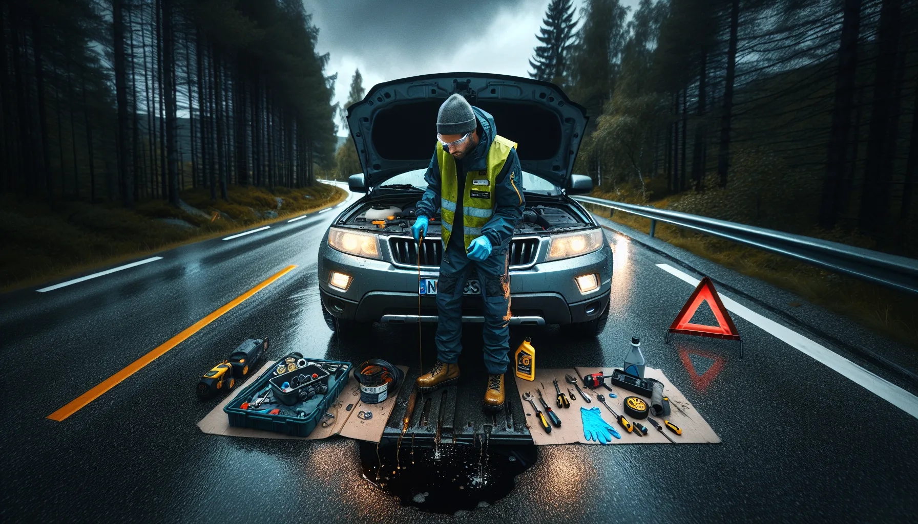 Hvordan oppdage og fikse små lekkasjer i bilen 2 Norwegian driver inspects car leak roadside with safety gear and cleanup tools.