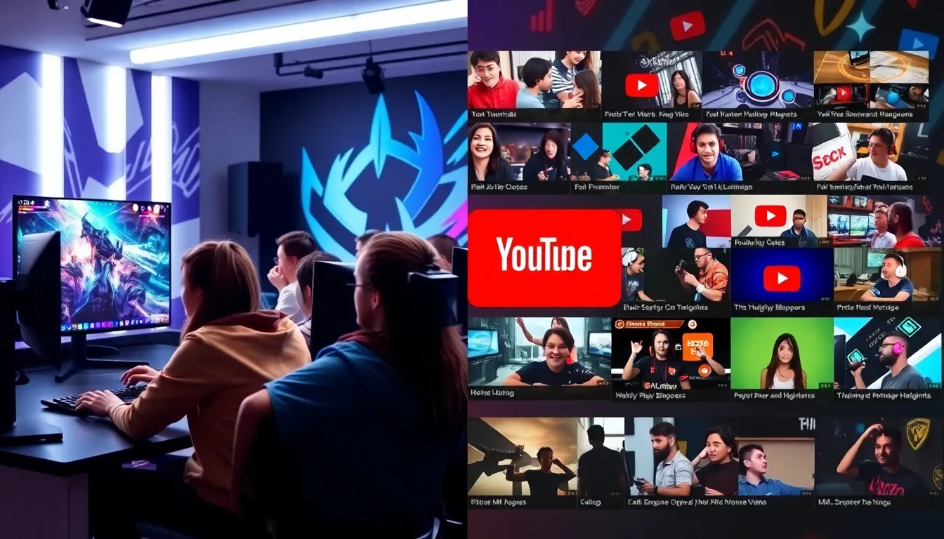 collage of LOL esports YouTube content including gamers and video thumbnails.