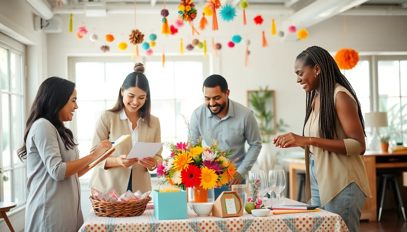 diverse team collaborating on DIY decorations for an event.