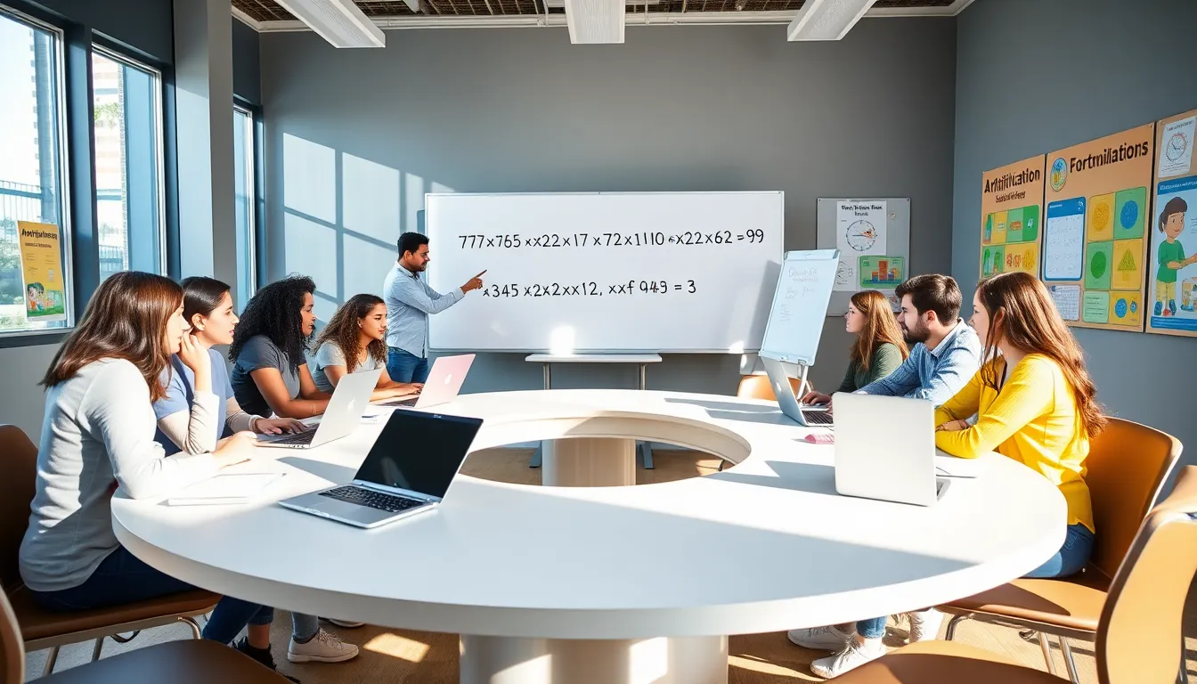 diverse students collaborating in a modern math classroom.