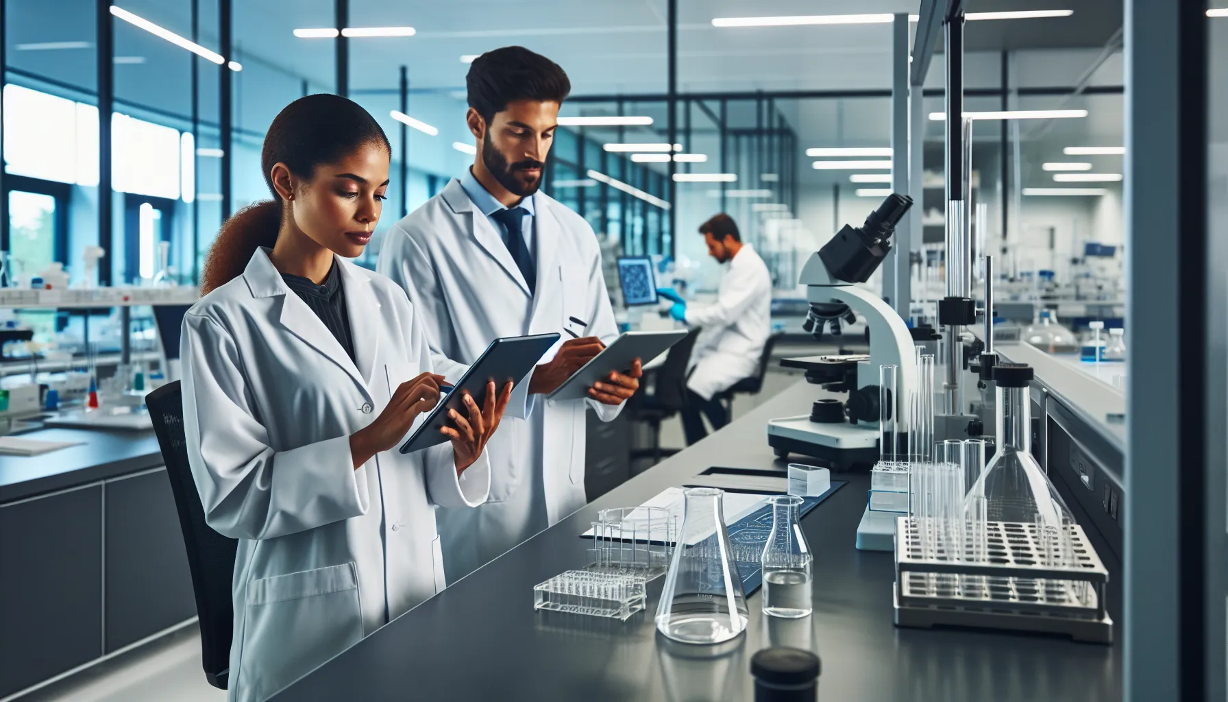 diverse team collaborating in a modern pharmaceutical lab.