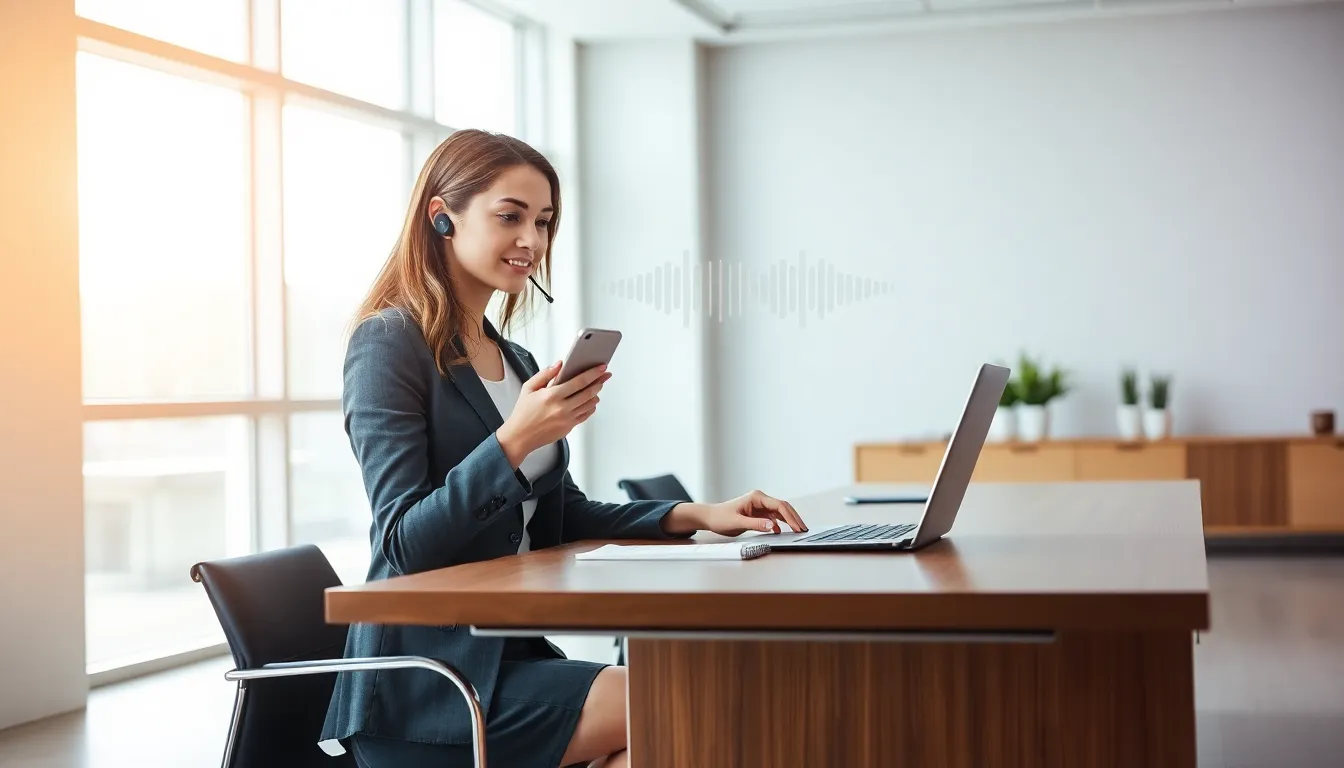 businesswoman using a smartphone illustrating toll-free communication.