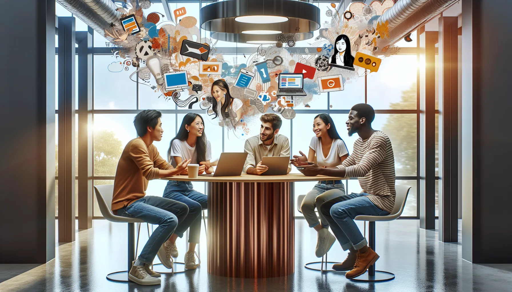 diverse group discussing Rinaxoxo45 in a modern workspace.