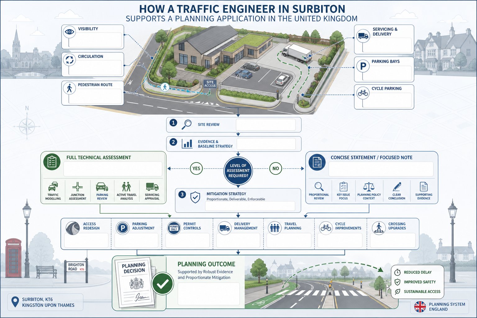 Infographic of traffic engineer planning review, reporting route, and mitigation steps.