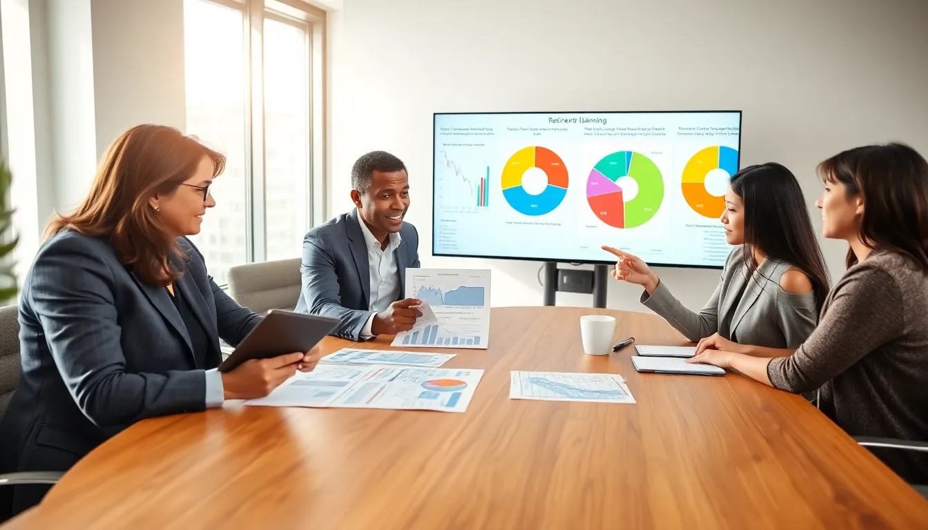 diverse financial advisors discussing retirement planning strategies in an office.