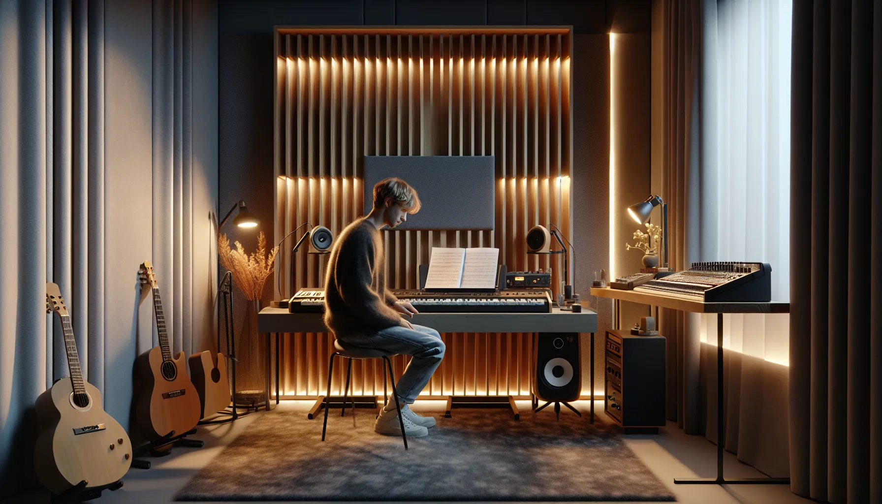 Norwegian musician practicing in a modern, well-lit music room with layered lighting.