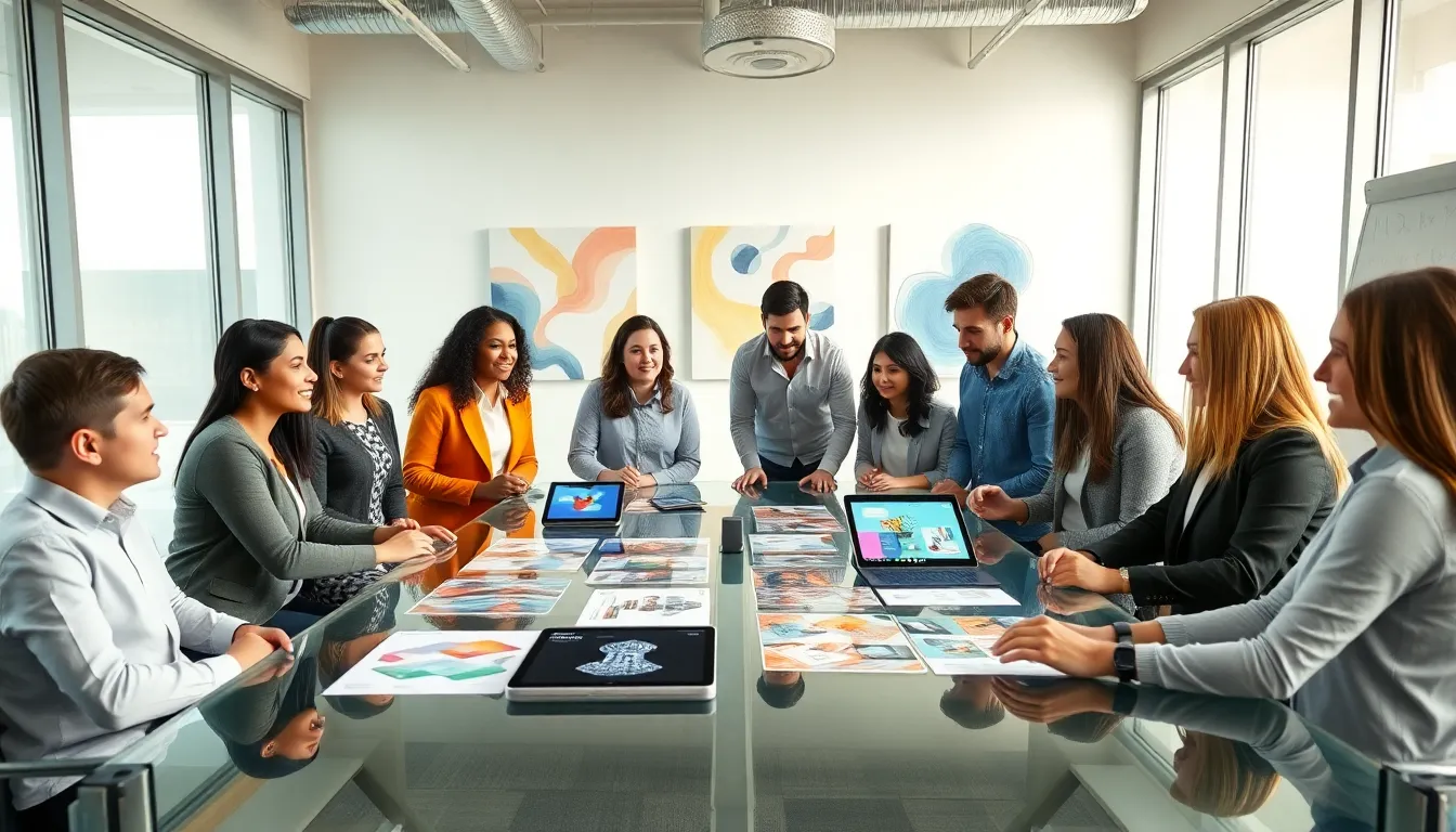 diverse team collaborating on creative projects in a modern office.