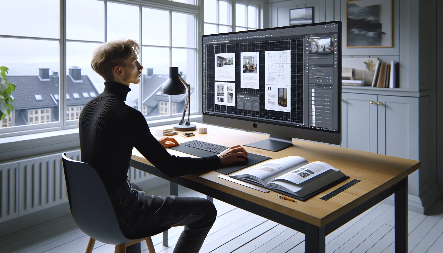 Norwegian designer aligns a brochure on a screen using grid and whitespace.