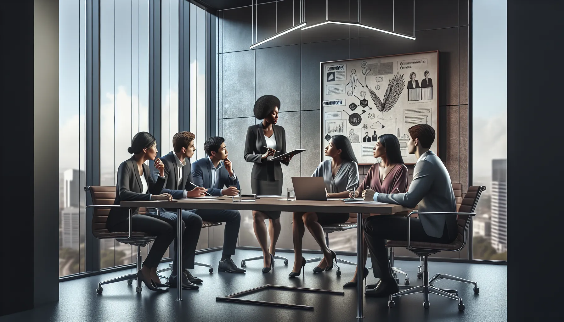 diverse team discussing legal aspects of communication in a modern office.