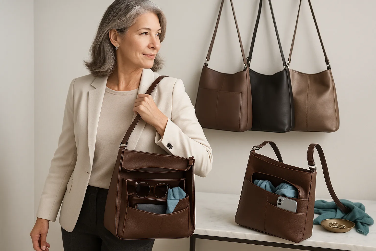 Stylish mature woman with leather shoulder bag by a modern entry table.